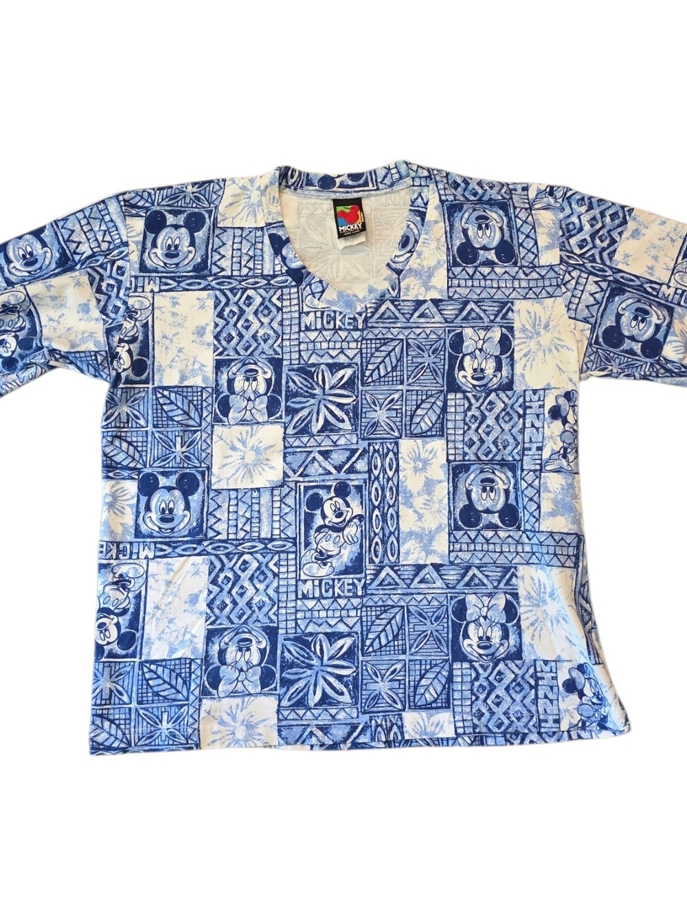 Vintage 90s Jerry Leigh Mickey Minnie Mouse Blue & White Tiki Tee 100% Cotton M
